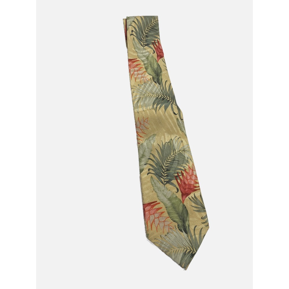 Tommy Bahama Necktie Mens OS Tan Tropical Floral Silk Palm Leaf Island Resort